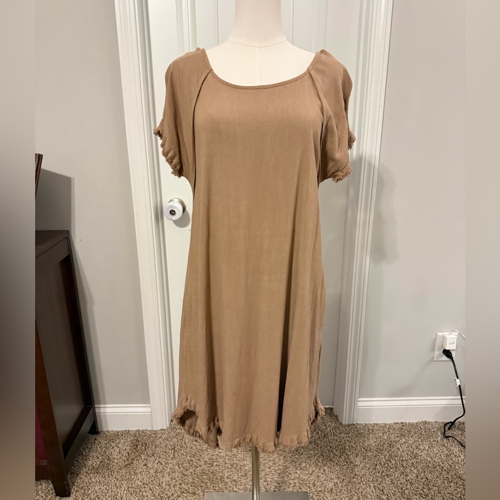 Umgee Tan High-Low Fringe Hem Dress